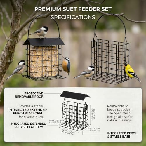 Hanging Suet Cake Peanut Bird Feeder for Crow, Blue Jay, Woodpecker, 1Pcs | Outdoor Cage Feeder & Nesting Holder with Weatherproof Roof Perch for Cardinals, Blue Grosbeaks, Mourning Doves, Orioles