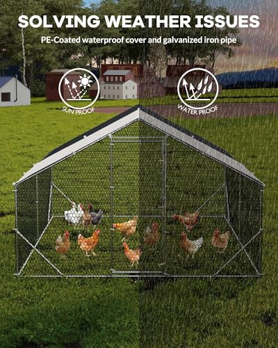 Heavy Duty Large Metal Chicken Coop for Hens –Walk-in Poultry Cage with Waterproof UV-Resistant Cover ＆ Reinforcing Ribs, Ventilated Peaked Roof Outdoor Hen House for Backyard, 9.8'Wx13.1'Lx6.5'H-1 - size: 118.1"L x 157.5"W x 78.7"H