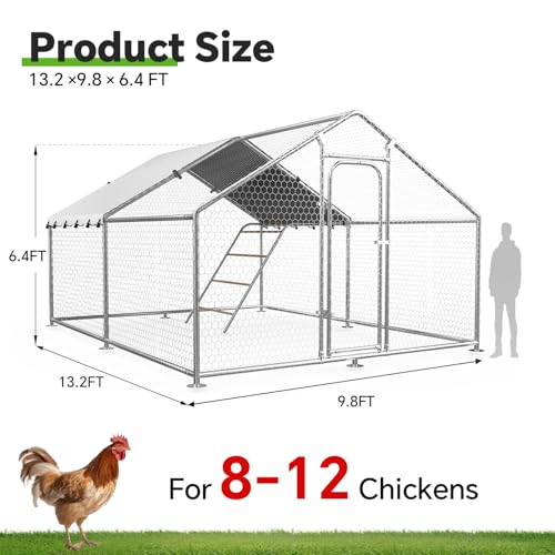 10 x 13.2 x 6.4 FT Metal Chicken Coop, Chicken Run with Cover | Walk-in Chicken Coop, Waterproof Cover, Side Hardware Cloth, Roosting Perch, reinforced frame, Backyard & Farm Use - size: 158.4"L x 119.4"W x 78.4"H