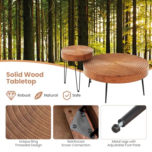 COSTWAY Farmhouse Round Coffee Table Set of 2, Rustic Sofa Side Tea Tables w/Wood Finish, Metal Frame, Adjustable Foot Pads, Nesting End Table Set for Living Room, Bedroom (Ring Pattern, Brown) - color: Brown, style: Ring Pattern