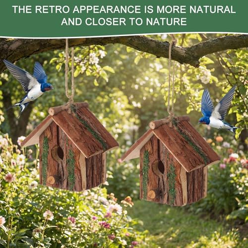 DoubleFill 1 Pcs Birdhouses for Outside Wooden Bird House with Moss Accent Hanging Design Birdhouse Natural Bark Finish Warm and Waterproof Rustic Bluebird House Cardinal Wren Hummingbird Garden