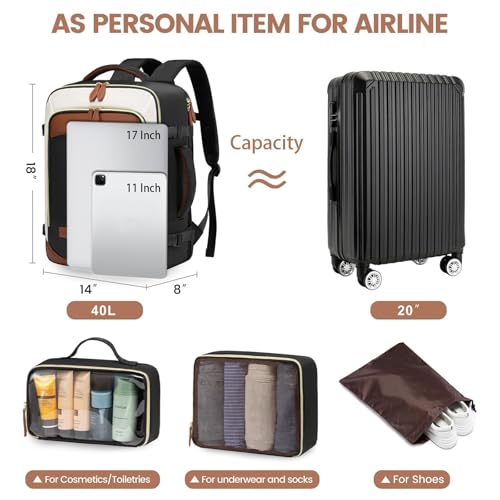 LOVEVOOK 40L Travel Backpack for Women, Carry On Backpack with 3 Packing Cubes,TSA Personal Item Travel Bag Airline Approved, Water Resistant Weekender Overnight Luggage Daypack, Fits 17.3 Inch Laptop - color: H-black-beige-brown, size: Large - 17.3 Inch