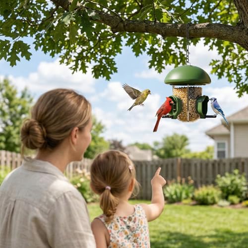 LONA Bird Feeders for Outdoors Hanging – 3 Separate Compartments, 3 Feeding Ports, Weatherproof Dome & 3 Ways to Hang, Large Capacity for Cardinals/Finches (Green | Weatherproof&Easy Clean, 3 Ports&3 Ways for Hanging, Large seed Capacity for Wild Birds, O
