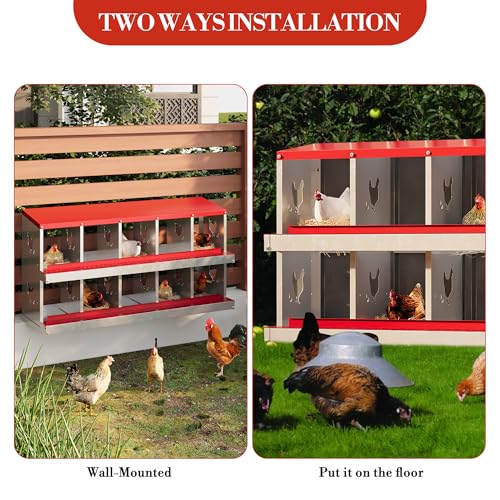 Garvee 10-Compartment Metal Chicken Nesting Box, Rustproof Galvanized Steel with Ventilated Holes, Removable Trays & Sturdy Bracket Legs, Easy Egg Collection - Red - color: Red, size: 10 Compartments