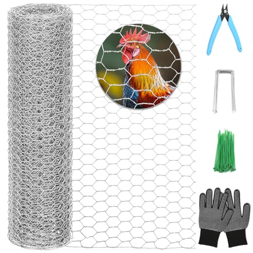 Floral Chicken Wire for Craft, 15.7 Inch x 10 FT Lightweight Galvanized Hexagonal Chicken Wire Netting, Silver Chicken Wire Fence for Garden Poultry Chicken Wire Mesh with Gloves, Wire Ties, Plier - size: 15.7 Inch x 10 FT