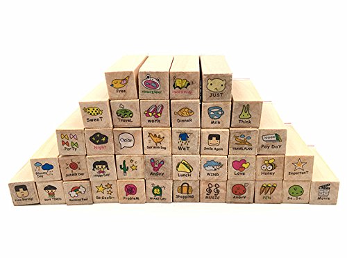 Diary Stamp Set,Wooden Rubber Signet for Children DIY Scrapbooking Planner Card Making(40pcs,Happy Day) - color: Happy Day(40pcs)