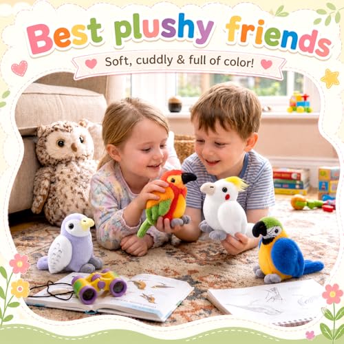 Soulchen 4 Pcs Parrot Birds Stuffed Animals Toy Gift Set 4.7 Inch | Macaw, Budgie, Cockatiel, Sun Conure Small Plush Parrot Stuffed Animal Doll Toys for Kids Boy Girl Birthday Party Bird Lovers