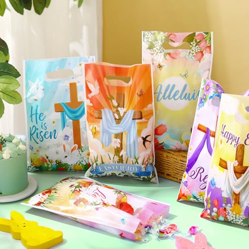 Honeydak 60 Pcs Religious Easter Treat Bags Plastic Easter Candy Treat Goodie Cookie Bags Christian Cross Party Favors for Spring Sunday School Church Party Supplies