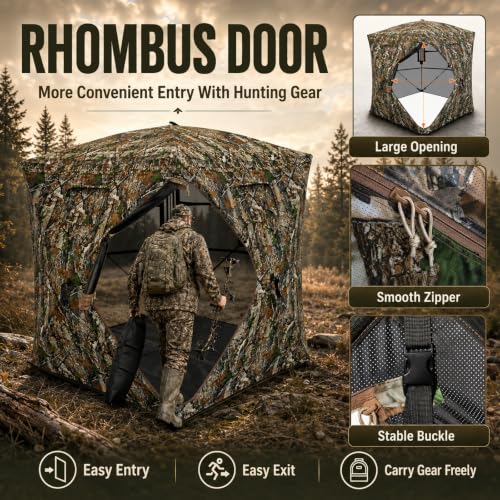 Hunting Blind See Through, Pop Up Ground Deer Blind, Large Door | 270/288/360 Degree See Thru, 1/2/3/4 Person Hunting Camouflage Tent, With/Without floor, Swing/Diamond/Horizontal Door Design - size: 2-3 Person, style: 270°&360°/Diamond Door/With Floor
