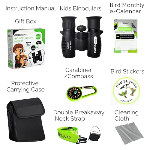 Kids Binoculars Ages 3-12, 8x21 Compact Shockproof Black | bird watching, camping, hiking, for boys, includes carry case, neck strap, compass, carabiner, high resolution optics - color: Black/Black