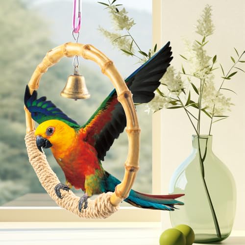 Bamboo Ring Bird Swing Perch,Large Circle Cage Hanging Toys,Bird Perch Climbing Toy Steady Natural Birds Hemp Rope Swings for Budgie,Cockatiels,Conures,Finches,Small Parakeets