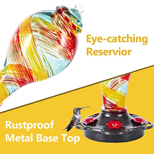 LUJII Hand Blown Glass Hummingbird Feeder for Outdoors Hanging with Ant Moat, 25 fl.oz, Leak Proof & Rustproof, Metal Base with 5 Feeding Ports & 5 Perches, Unique Garden & Backyard Decor (Ribbon) - color: Ribbon, size: Small