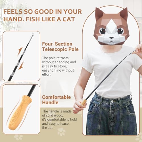 ROSAUI Cat Teaser Wand Toys, Interactive Bird Toy for Indoor Kittens, 53.15’’ Long Cat Fishing Pole Toys, 2X Wires and 5X Natural Refills, Sustainable Wooden Handles, Exercising, Playing - style: 53.15’’ Cat teaser wand toys