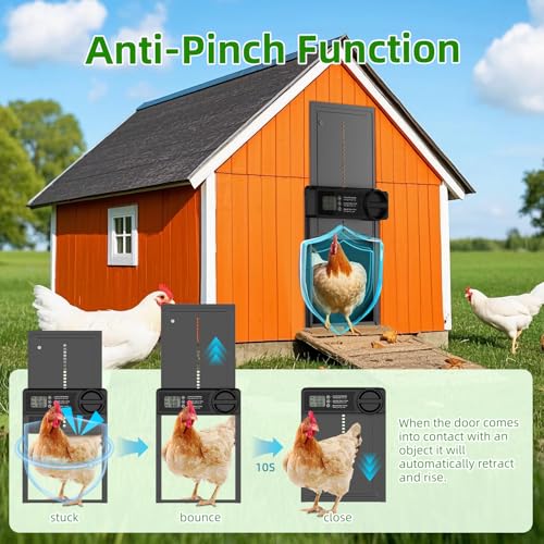 Automatic Chicken Coop Door, Battery Powered Electric Chicken Coop Door with Smart Timer, Anti-Pinch Sensor, LCD Display& Low Battery Reminder for Hens, Ducks, Geese Poultry