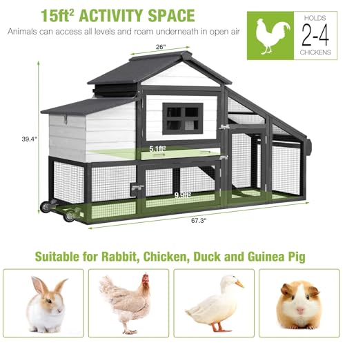 GUTINNEEN Chicken Coop Mobile Chicken House On Wheel Outdoor Rabbit Hutch for 2-4 Chickens 67"(Black and White) - color: Black and White