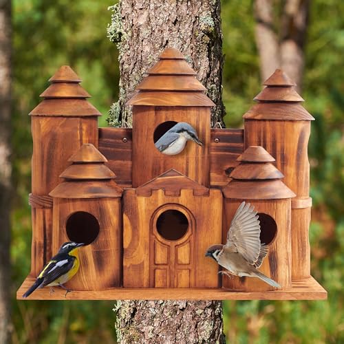 MIXUMON Wooden Bird Houses for Outside – 8 Rooms Castle-Style Bird House, Carbonized Pine Rustic Finish, 1.57" Entrance Holes, Decorative Outdoor Bird Nesting Box (Rustic, 8 Rooms)