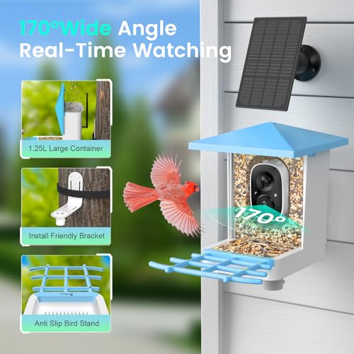 G08 Smart Bird Feeder with Camera, 2K, AI Bird ID, 5W Solar, Blue | Motion alerts, full-color night vision, VicoHome app, IP65 housing, 2.4GHz WiFi and 1.3L seed capacity. - color: G08BLUE