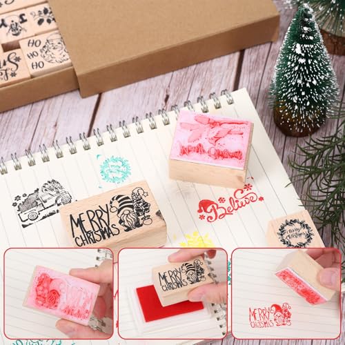 JarThenaAMCS 11 Pcs Merry Christmas Wooden Rubber Stamps Xmas Mixed DIY Craft Stamps for Party Gift Decor Scrapbooking Cards Making - style: Christmas