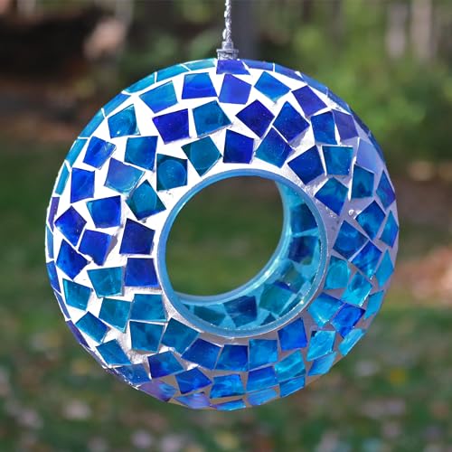Sunnydaze Mosaic Glass Bird Feeder, Fly-Through, Blue Mosaic | 6" Small Unique Hanging Bird Feeder for Outdoors, Drainage Hole, Weather-Resistant, Birdfeeder for Cardinals, Jays, & Finches - color: Blue Mosaic