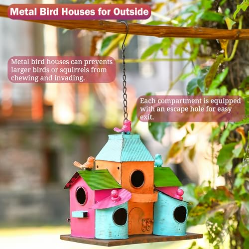 Large Bird Houses for Outside Hanging, Colorful Metal Bird Houses for Outside with 5 Compartments, Easy-Clean Front & Back Doors, Escape Holes & Ventilation, Weatherproof birdhouses for Outdoors - style: Colorful 3
