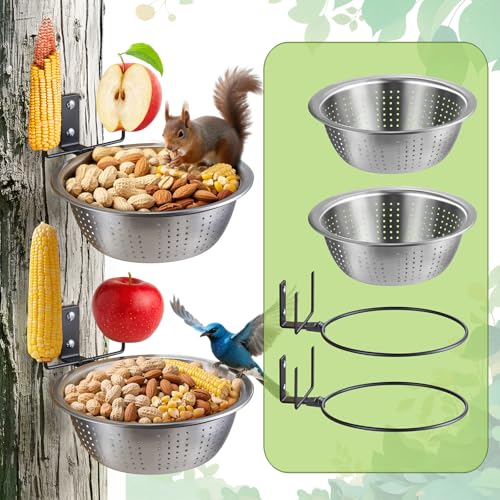 2 Pack Squirrel Feeders Tree/Fence Mounted, 8.5" Removable Colander Bowls (1.4L Each), 2 Corn Cob Spikes for Various Food, Perfect Metal Squirrel Feeders for Outside, Easy to Clean/Refill - size: 2 Stands 2 Bowls