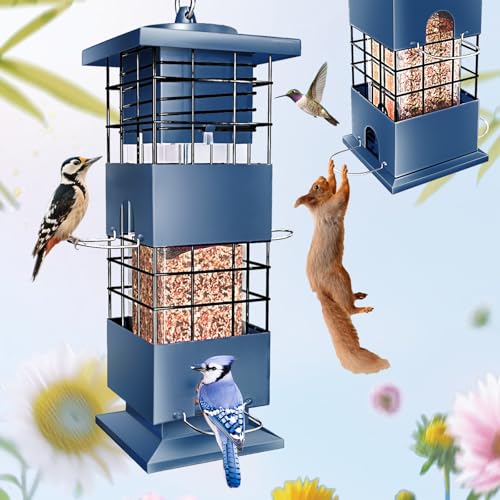Squirrel Proof Bird Feeder,3.5Lbs Metal,4 Hanging Ports for Cardinal Finch | Weight-Activated Shutoff Blocks Squirrels & Pigeons.Chew-Proof Build For All Weather.Large Capacity,Fast Refilling & Cleaning - color: Blue