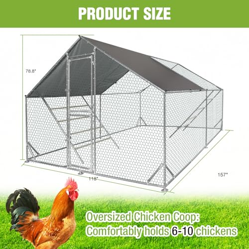 Large Chicken Coop for 10-15 Chickens Chicken Runs for Yard with Cover Metal Poultry Cage with Perch Hen House Chicken Pen Outdoor - size: 155.0"L x 117.3"W x 77.6"H