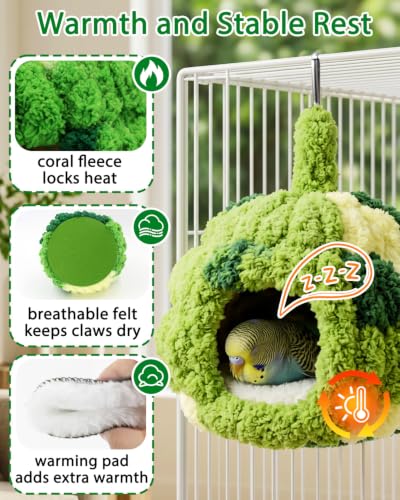 Chewproof Frame Parakeet Nest Bird House for Cage with Warm Pad | Soft Washable Budgie Sleeping Bed Fleece, Hanging Winter Parrot Breeding Nest Swing for 1-2 Lovebird Canary, Sturdy Felt Base