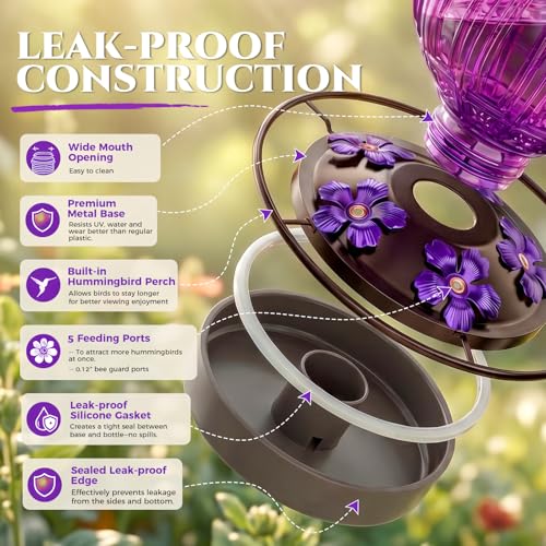 Glass Hummingbird Feeder for Outdoors Hanging, 26 fl oz Bird Nectar Feeder | 5 Metal Flower Feeding Ports, 360° Perch Ring, Easy Refill Clean, Leakproof, Ideal for Backyard Garden Outdoor Decor, Purple - color: Purple