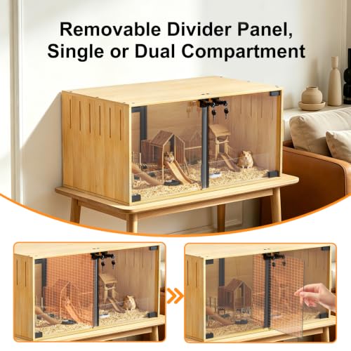 Chicken Brooder Box Lighted: Wooden Glass Hamster Cage with LED | Chewproof with Divider for Chicks Dwarf Syrian Hamster, Gerbil, Rats, Chicks, Ducks, Quails