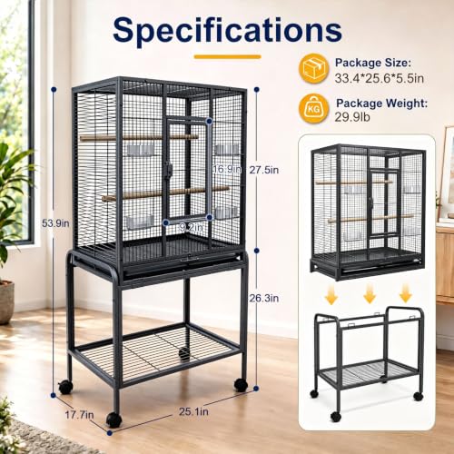 54-Inch Bird Cage with Horizontal Wire Design, Wrought Iron Bird Flight Cage with Rolling Stand, and Slide-Out Tray Suitable for Parrot, Cockatiel, Lovebird, Finch, Pigeon.
