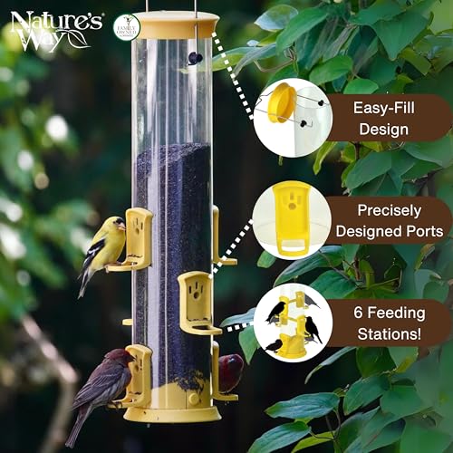 Nature's Way Large Plastic Thistle Tube Bird Feeder for Wild Birds and Outdoor Décor, 2.1 Quart Capacity, Six Ports, Easy-Clean Design, Yellow