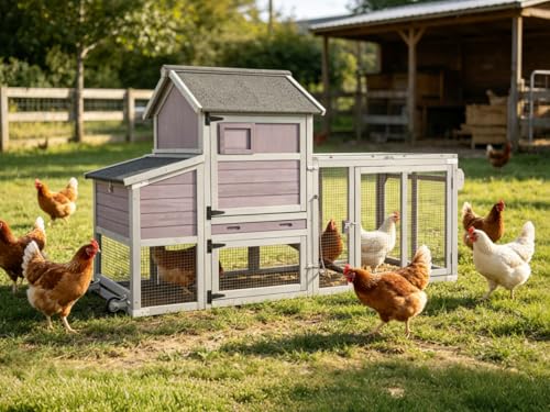 Gutinneen 77" Mobile Chicken Coop with Wheels for 4-6 Chickens, Expandable Wooden Hen House with Reinforced Nesting Box, Full-Cover UV Roof, Pull-Out Tray, Outdoor Duck Coop & Rabbit Hutch - color: (Grey-AIR27)