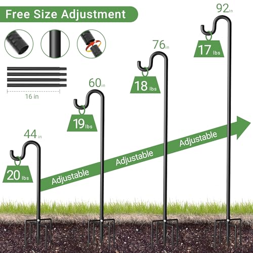 Shepherd Hook for Outdoor, Heavy Duty Bird Feeder Pole with 5 Prong Base, Adjustable Height Bird Feeder Stand Ideal for Hanging Bird Feeders, Plant, and Garden Decorations - size: 92 Inch