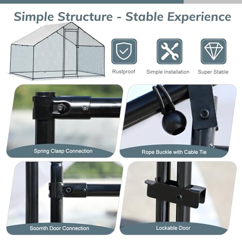 VINGLI Chicken Coop, 6.5 * 9.8 * 6.5 ft Large Metal Poultry Cage for Chicken Run, Walk-in Chicken Pen with Waterproof & Anti-UV Cover for Yard Outdoor (Black-Spire Roof) - color: Black-Spire Roof, size: 117.3"L x 77.6"W x 68.9"H