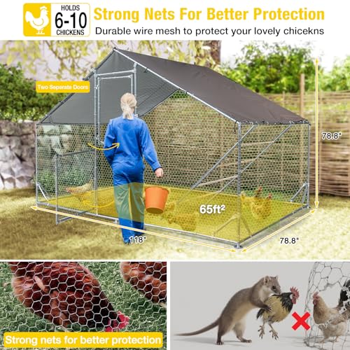 Aivituvin Large Metal Chicken Coop Run Chicken Pen with Ramp, Waterproof Tarp Cover, Outdoor Poultry Enclosure for Chickens, Ducks, Rabbits, 9.8' L x 6.5' W x 6.5' H