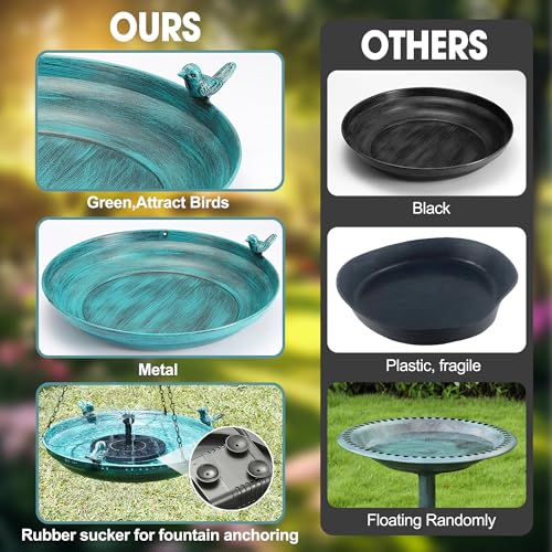 DazSpirit 14.9" Hanging Bird Bath with Solar Fountain for Outdoors | Metal Birdbath with Fixed Solar Panel, 4 Nozzles & 3 Removable Decorative Birds for Garden, Patio, Porch & Yard Gifts