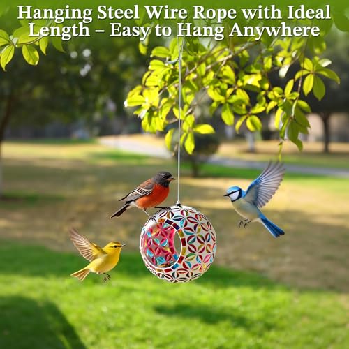 VOREEN Mosaic Glass Bird Feeder, Handcrafted Hanging Fly-Through Feeder for Outdoor Garden & Backyard, Decorative Wild Bird Feeder with Steel Wire Cable –Colorful Floral Mosaic Style - color: Multicolor kiss