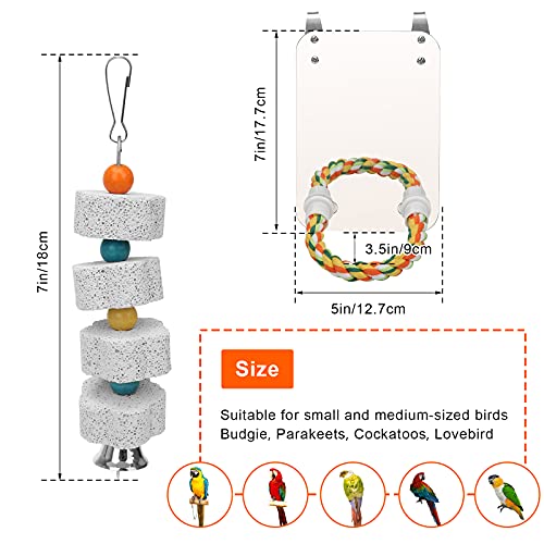7" Bird Mirror for Cage, Parakeet Cockatiel Parrot Mirror with Rope Perch | Bird Swing Toys Parrot Grinding Stone with Bell for Parakeet Cockatoo Lovebirds Canaries