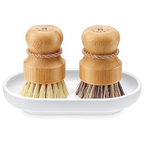 SUBEKYU Bamboo Dish Scrub Brush,Produce Brush,2 Pack with Ceramic Holder | Vegetable Brush,2-Pack Natural Sisal Bristles-2 Soft, 1 Firm,Kitchen Wooden Cleaning Scrubbers Set - color: Sisal + Palm Brush, 2p