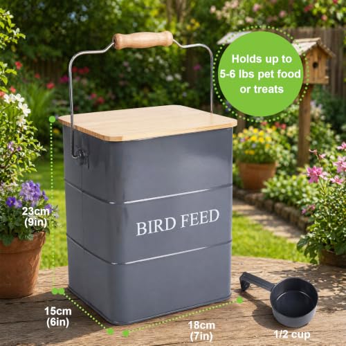 Metal Bird Seeds storage container,Outdoor Bird Container Canister, Pet Food Bin with Wooden Lid/Handle/Food scoop,hold 5-6 Lbs of Wild Bird Seed Sunflower Seed-Preventing Squirrels-Gray - color: Gray