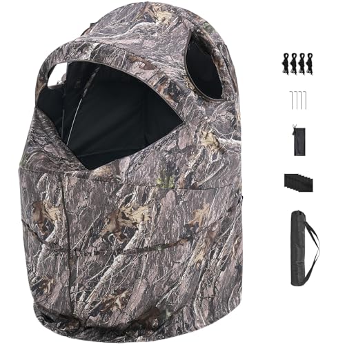 VEVOR Hunting Blind，See Through Ground Blinds with Carrying Bag, 360 Degree Portable Camouflage Tent，Durable Concealed Shelter with Silent Side Door and Window, for Turkey and Deer - size: Single Person