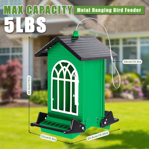 Gbekery Squirrel Proof Bird Feeder for Outdoors,5LB Large Capacity,Metal Wild Bird Seed Feeder with Bilateral Weight-Activated Perches for Outside Hanging,Garden Decoration,Green - color: Green