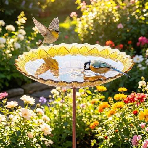 Glass Bird Bath, Garden Outdoor Birdfeeder with Metal Stake, Yellow | Birdbaths with metal stand to attract cardinals and blue jays wild birds and beautify outdoor sunflower gardens decor - color: Yellow