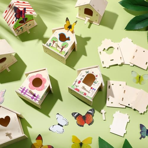 Outus 24 Pcs Wooden DIY Birdhouse Kits for Kids to Build, 4 Shapes Birdhouse Kit Wooden Unfinished with Butterfly Sticker for Boy Girl Arts Crafts(Lovely) - style: Lovely