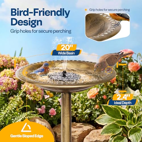 VIVOHOME Bird Bath with Solar Fountain for Outside, Pedestal, Golden | Solar-Powered Pump, Weather-Resistant Polyresin, 20-Inch Bowl, for Outdoor/Garden, Bird-Friendly, Easy to Clean - color: Golden