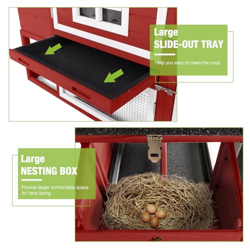 GUTINNEEN Chicken Coop with Wheels Mobile Outdoor Hen House Weatherproof Duck Cage with Large Nesting Box, Leak-Proof Tray, UV-Resistant Roof for 2-4 Chickens (Red) - color: Red