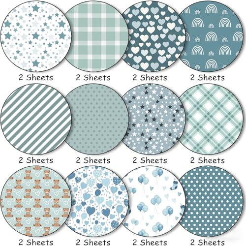 24 Sheets 160GSM Baby Boy Scrapbook Paper, 11.8 x 11.8 Inch Double-Sided Rainbow Bears Plaid Polka Dot Patterns for Junk Journals, DIY Card Making, Photo Albums, Gift Wrapping - color: Blue Baby Boy