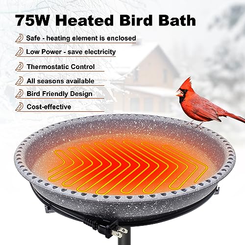 BIRD WISH Heated Bird Bath, Stable 5-Prong Metal Base Thermostat Control Weather Resistance All Seasons Available 75W Heated Bird Baths for Outdoors for Winter Garden Yard Patio Lawn, Spotted Grey - color: Spotted Grey