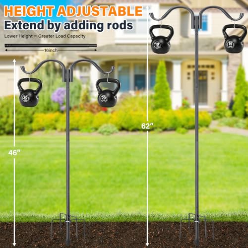 【Upgraded Stability】62 Inch Double Shepherds Hook for Outdoor, Heavy Duty Adjustable Bird Feeder Pole with 5 Prongs Base, Multi-Hook Stand for Bird House, Wind Chime, Hummingbird Feeder & Plants - size: 62"